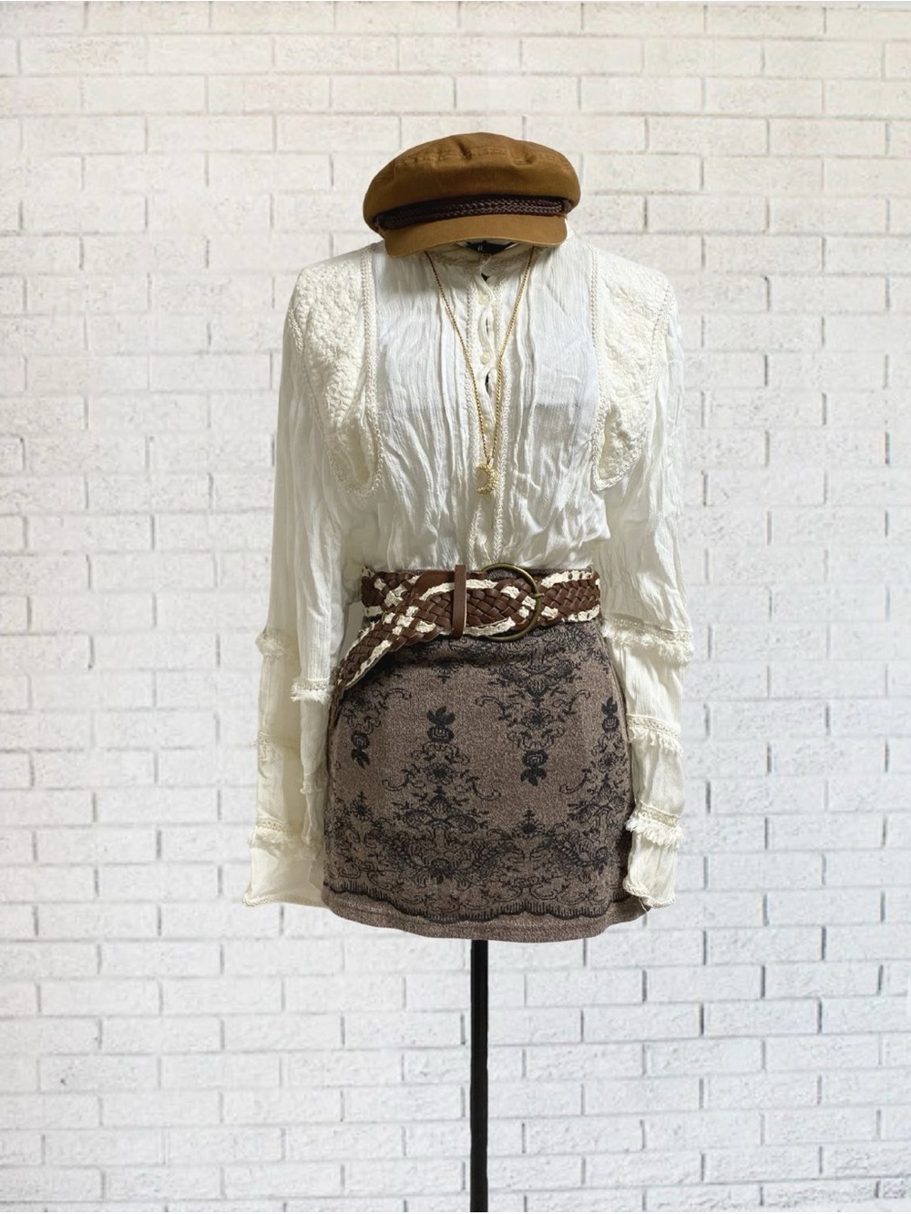 White Fringe Lace Blouse Shirt Peasant Long Sleeve Hippie Boho Bohemian Size 10